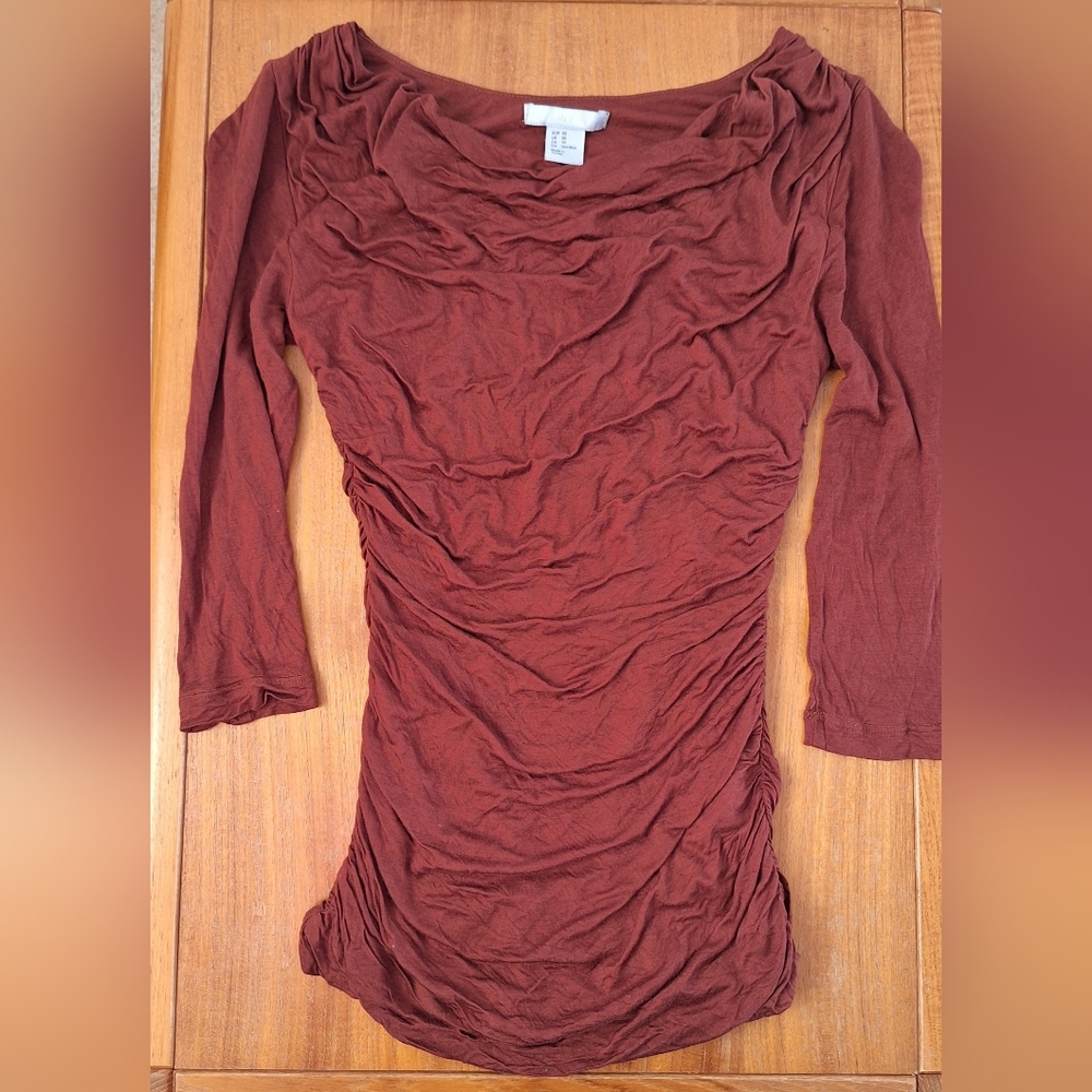 H&M Brown Drape Neck Tee 3/4 Sleeve Cowl Stretchy Fitted Ruched Womens XS